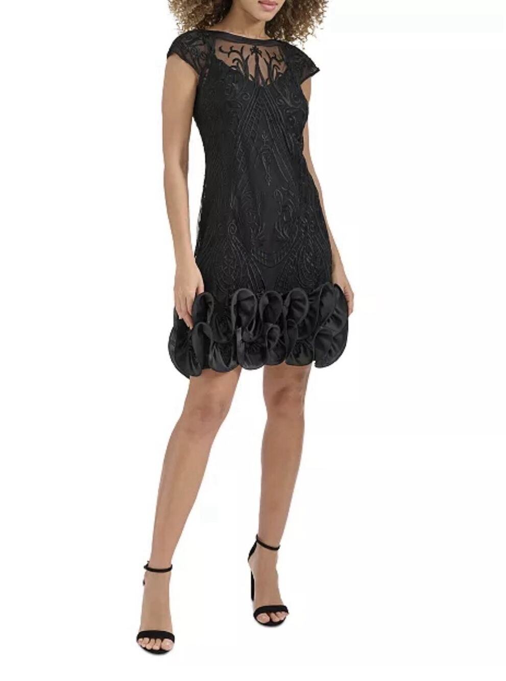 Jessica Simpson Women's Embroidered-Mesh Ruffled-Hem Black Dress. Size 10. New